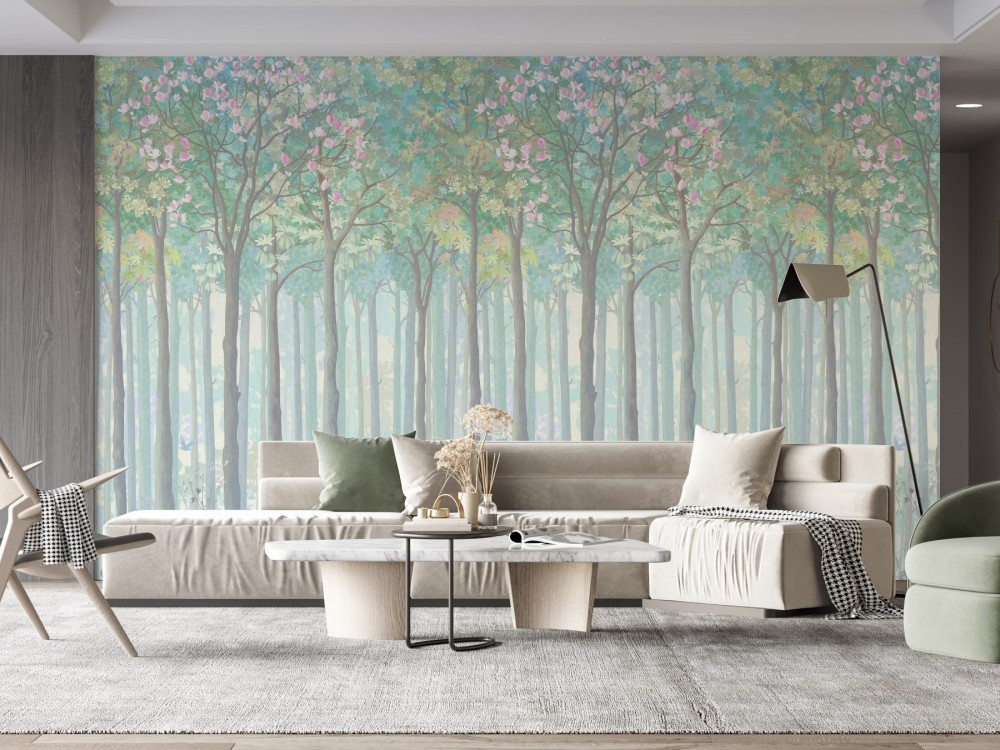 Modern Sanatsal İnce Gövdeli Ağaçlar ve Pastel Orman Duvar Kağıdı