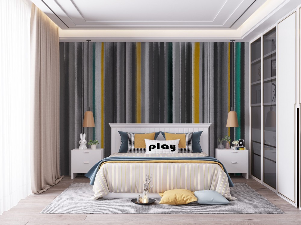 Modern Minimalist Antrasit ve Hardal Çizgili Tasarım Duvar Kağıdı