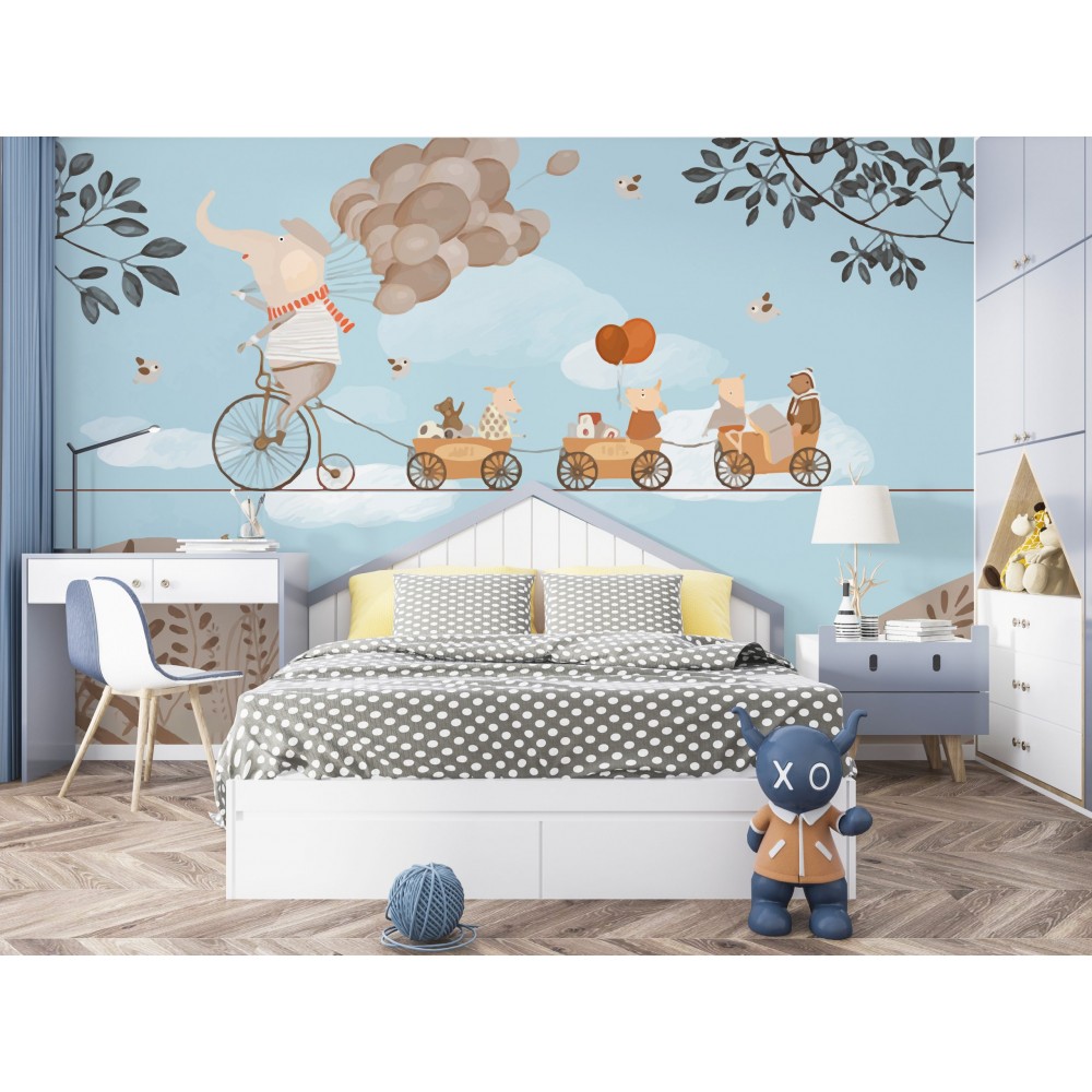 Bulutlar Üzerinde Tren Yolculuğu Temalı Mavi Çocuk Duvar Kağıdı