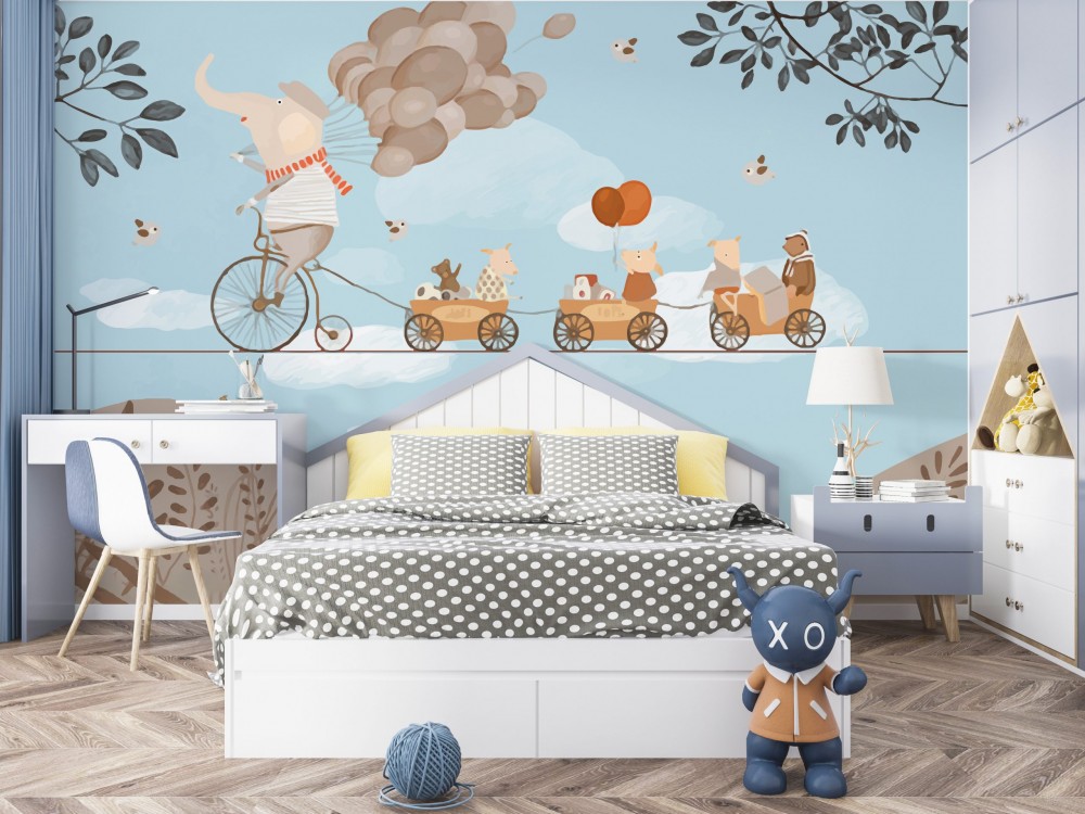 Bulutlar Üzerinde Tren Yolculuğu Temalı Mavi Çocuk Duvar Kağıdı