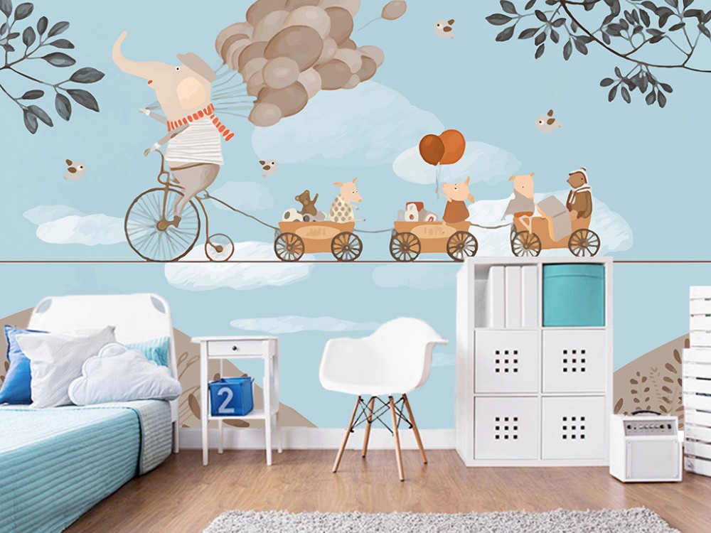 Bulutlar Üzerinde Tren Yolculuğu Temalı Mavi Çocuk Duvar Kağıdı