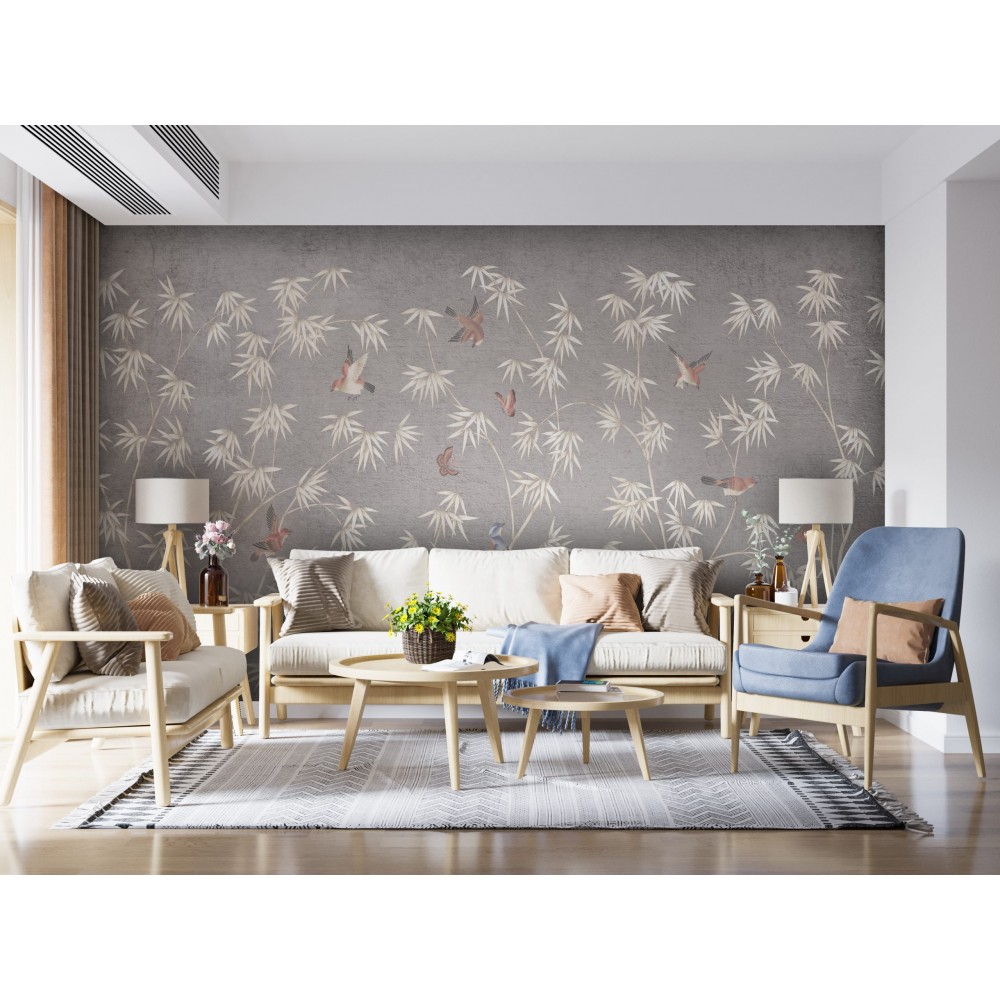 Japon Stil Zen Bahçesi Temalı ve Beton Dokulu Sanatsal Duvar Kağıdı