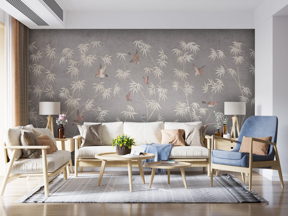 Japon Stil Zen Bahçesi Temalı ve Beton Dokulu Sanatsal Duvar Kağıdı