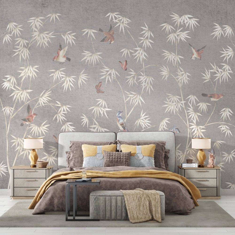 Japon Stil Zen Bahçesi Temalı ve Beton Dokulu Sanatsal Duvar Kağıdı