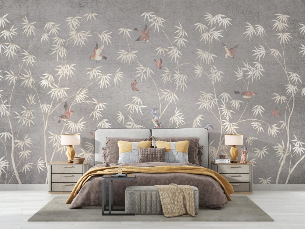 Japon Stil Zen Bahçesi Temalı ve Beton Dokulu Sanatsal Duvar Kağıdı