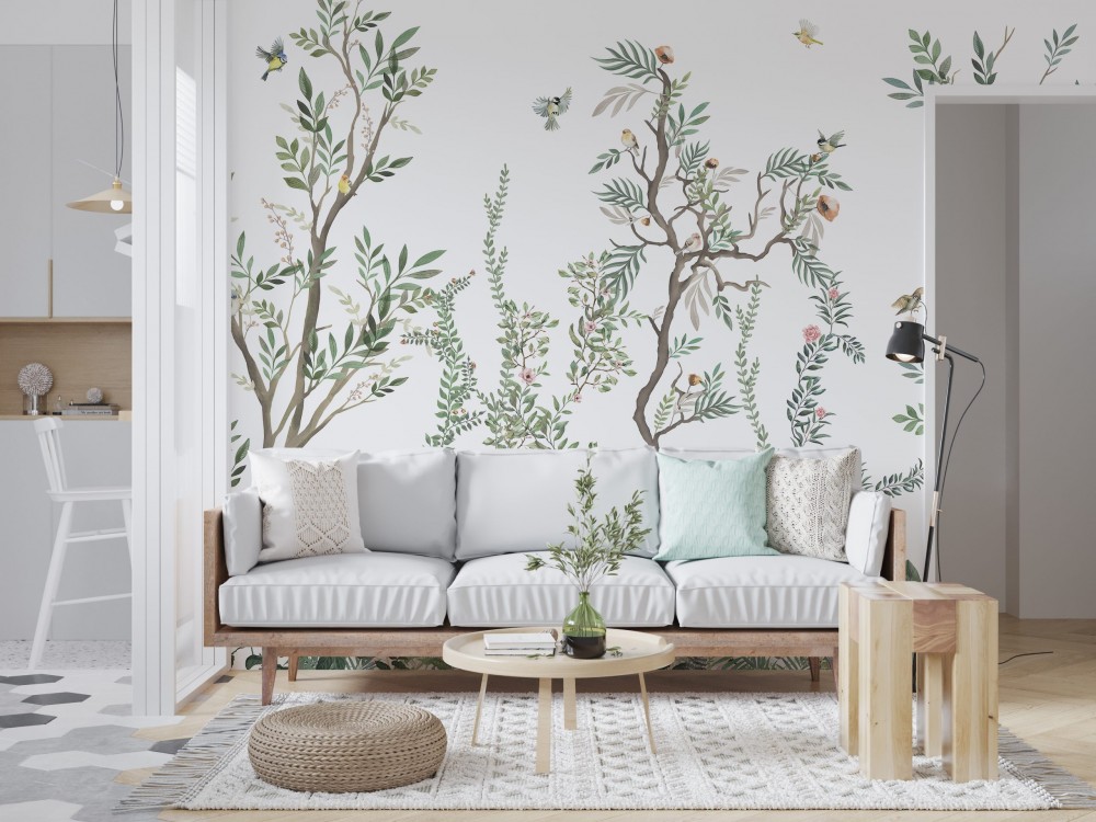 Bahar Dalları: Beyaz Zeminli Suluboya Yaprak ve Kuş Desenli Duvar Kağıdı