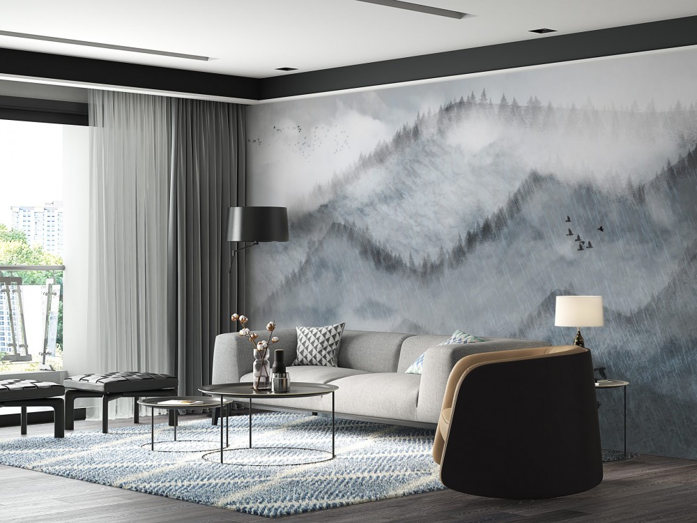 Puslu Dağ Manzaralı ve Çam Ormanı Silüetli Duvar Kağıdı