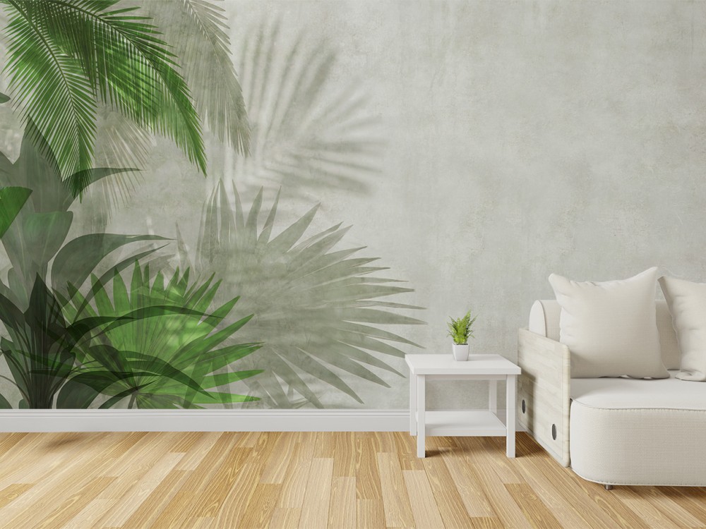 Modern Tropikal Palmiye Yaprağı ve Gölge Efektli Duvar Kağıdı