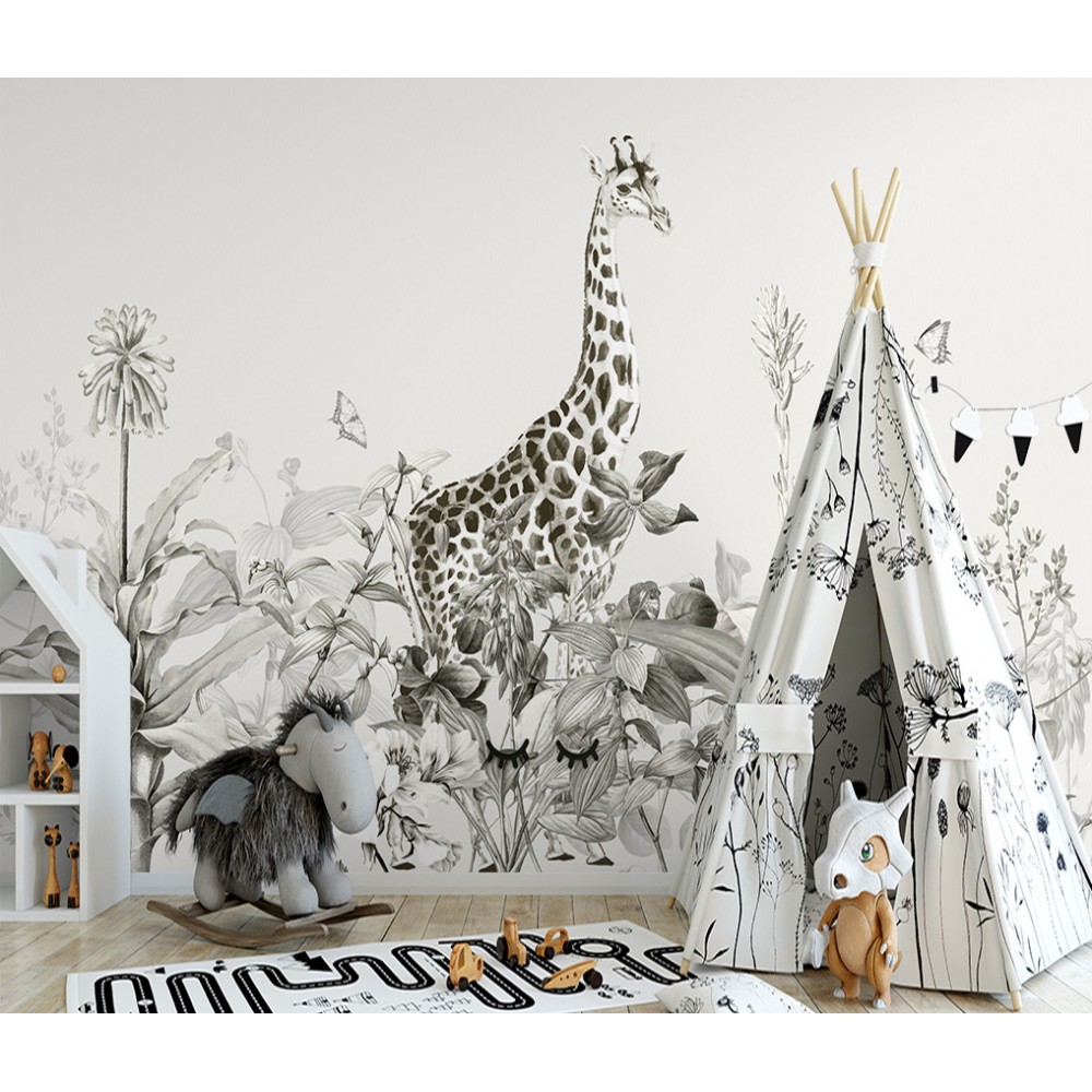 Siyah-Beyaz Eskiz Stil Safaride Zürafa ve Botanik Yaprak Desenli Duvar Kağıdı
