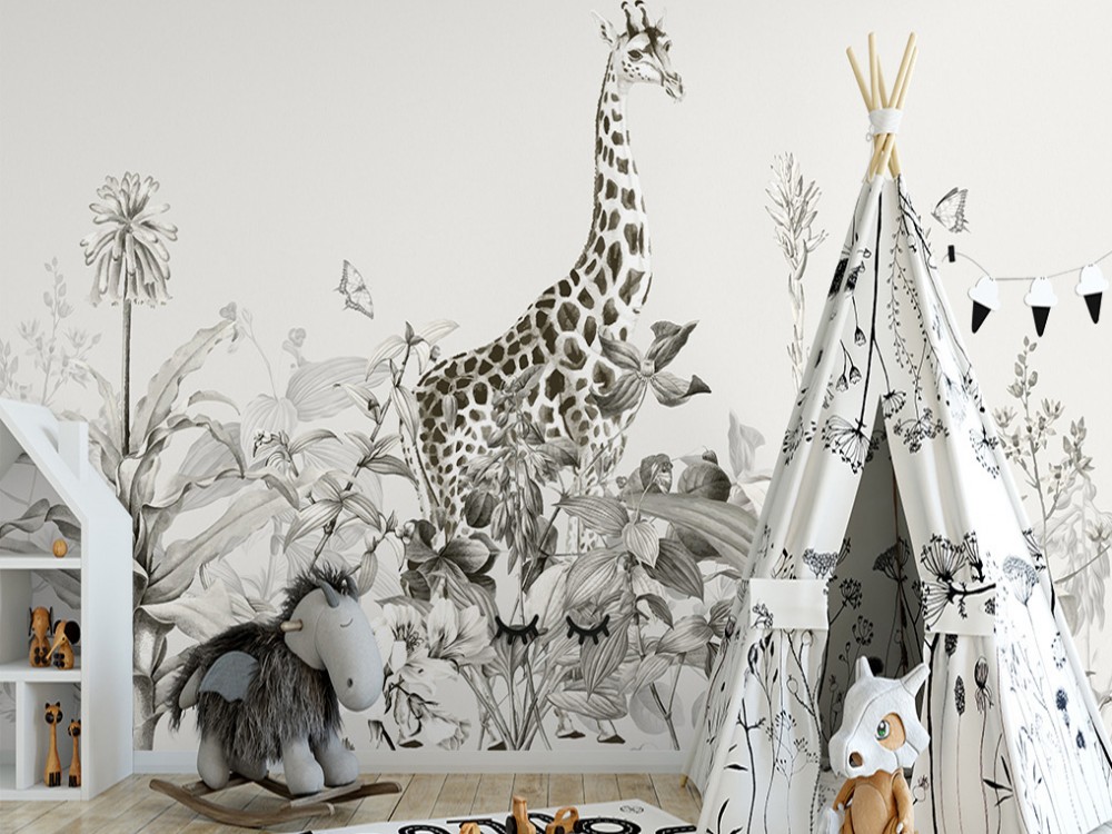 Siyah-Beyaz Eskiz Stil Safaride Zürafa ve Botanik Yaprak Desenli Duvar Kağıdı