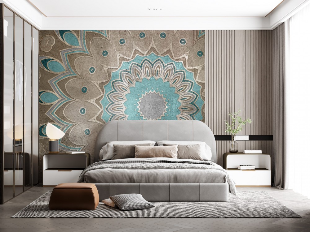3D Taş Dokulu Turkuaz ve Vizon Mandala Desenli Duvar Kağıdı