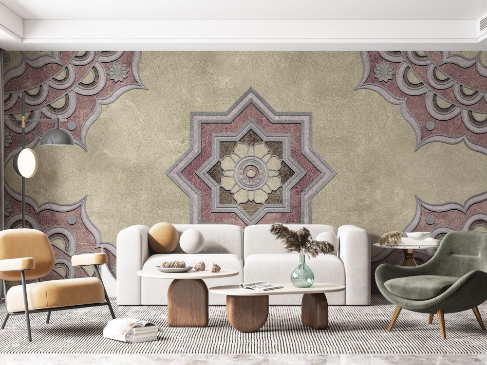 Modern Taş Dokulu Klasik Yıldız Formlu Mandala ve Rölyef Desenli Duvar Kağıdı