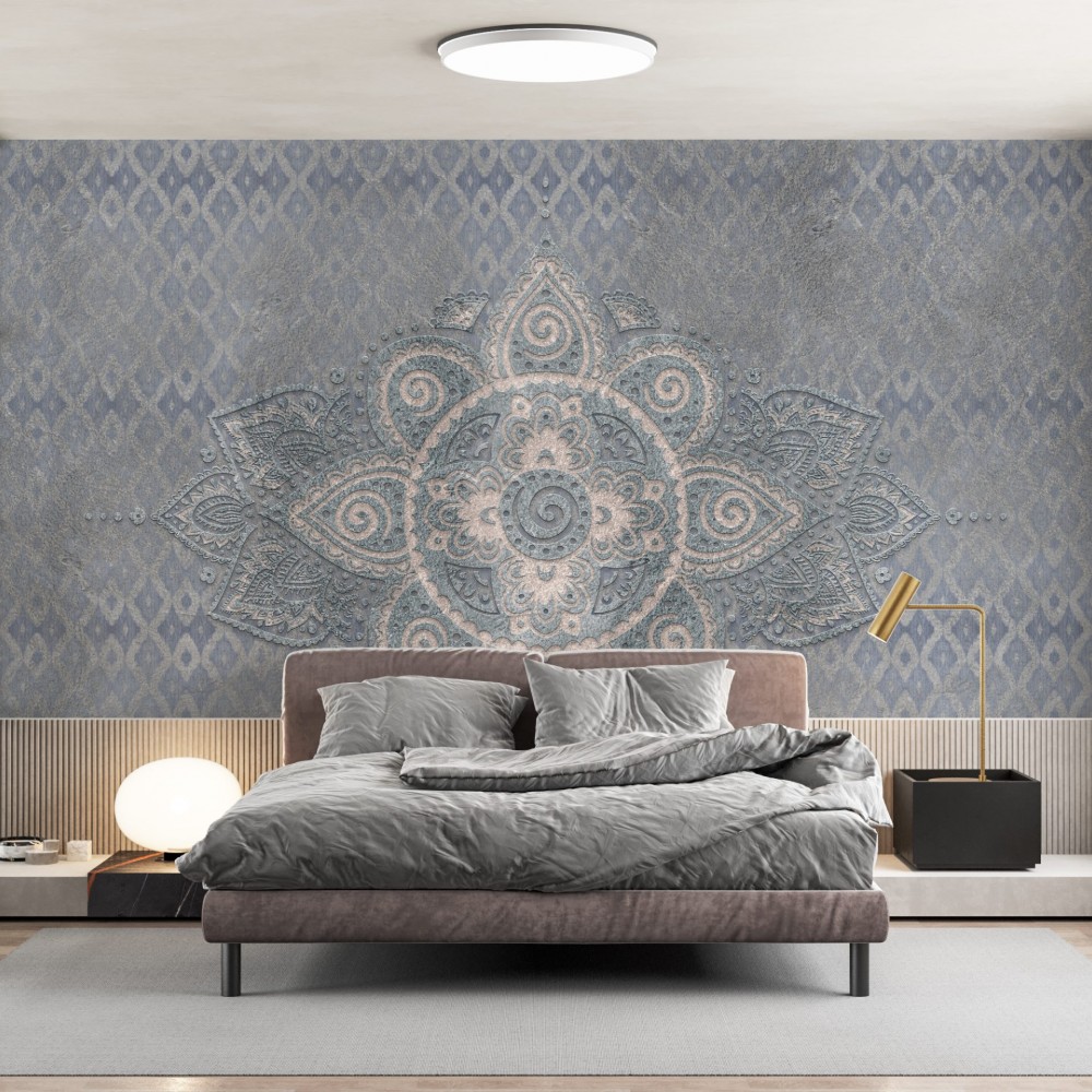 Taş Dokulu Mavi Mandala Desenli Duvar Kağıdı