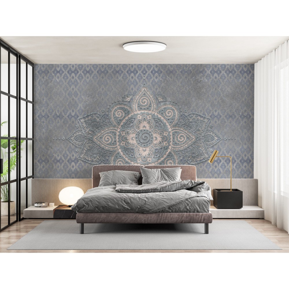Taş Dokulu Mavi Mandala Desenli Duvar Kağıdı