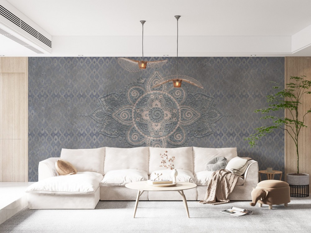 Taş Dokulu Mavi Mandala Desenli Duvar Kağıdı