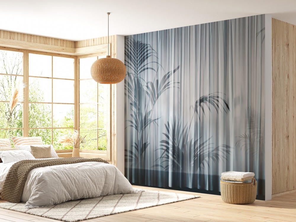 Buğulu Cam Efektli Tropikal Palmiye Yaprağı ve Dikey Çizgili Duvar Kağıdı