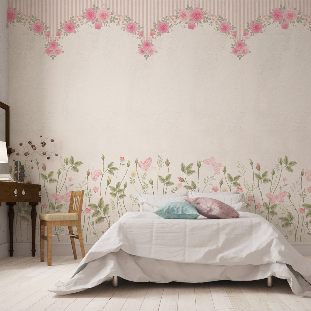 Vintage Gül Bahçesi ve Kelebek Temalı Bordür Desenli Çocuk Odası Duvar Kağıdı