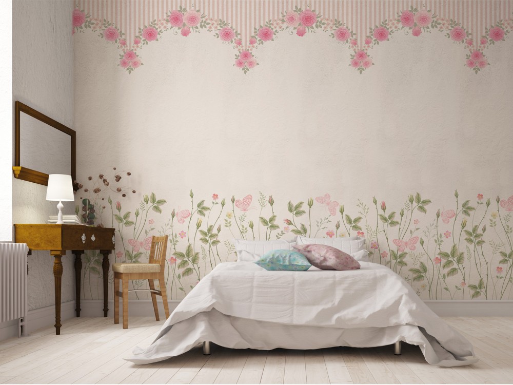 Vintage Gül Bahçesi ve Kelebek Temalı Bordür Desenli Çocuk Odası Duvar Kağıdı