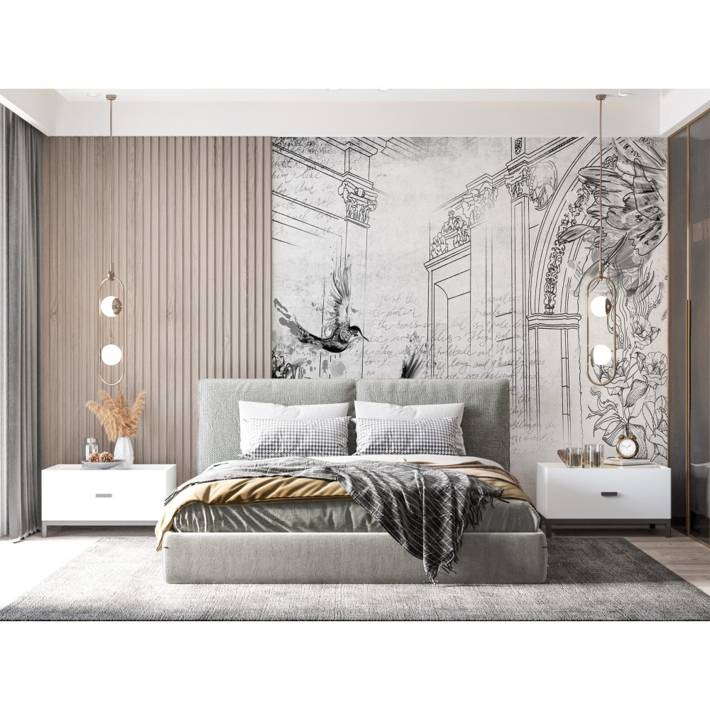 Eskiz Mimari Sütunlar ve Kuş İllüstrasyonlu Sanatsal Duvar Kağıdı