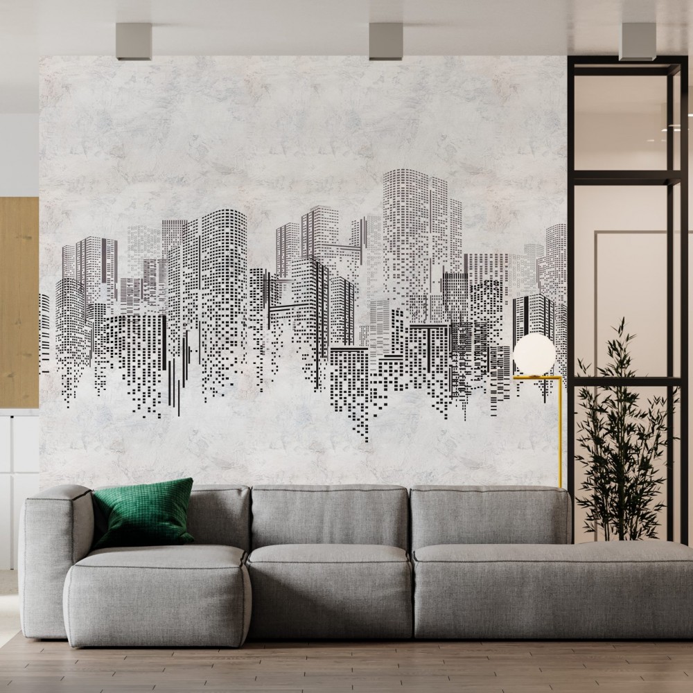 Kentsel Panoramik Görünümlü Gri Tonlu İllüstratif Duvar Kağıdı