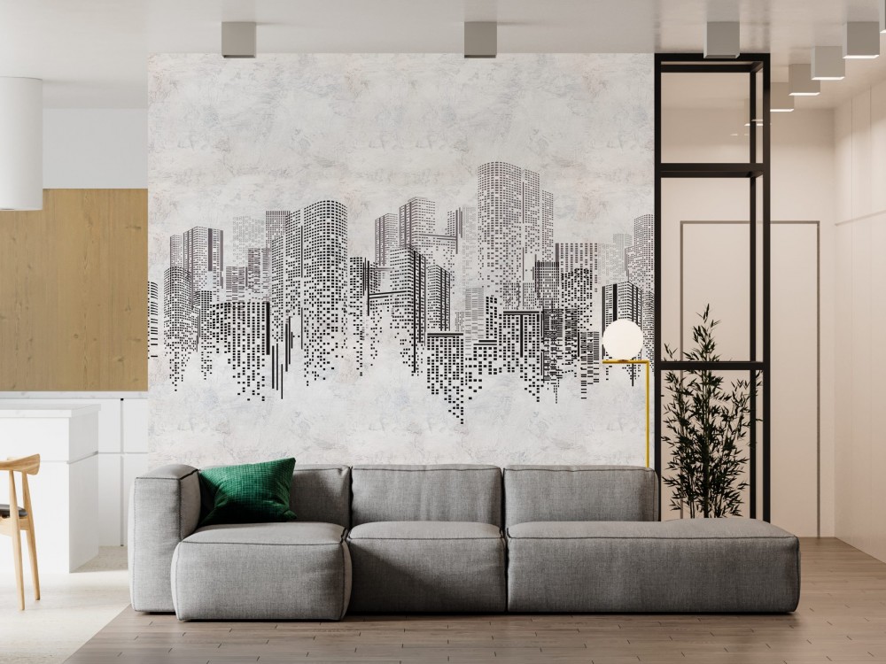 Kentsel Panoramik Görünümlü Gri Tonlu İllüstratif Duvar Kağıdı
