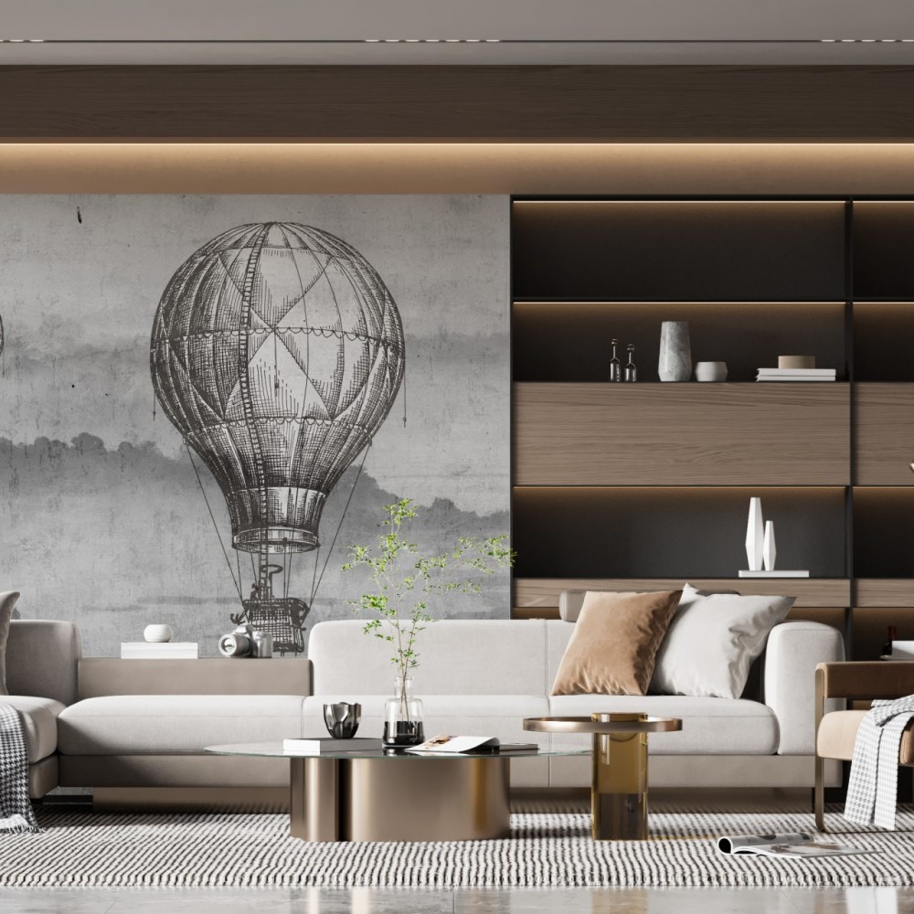 Vintage Gravür Stil Uçan Balon Desenli ve Puslu Dağ Manzaralı Duvar Kağıdı