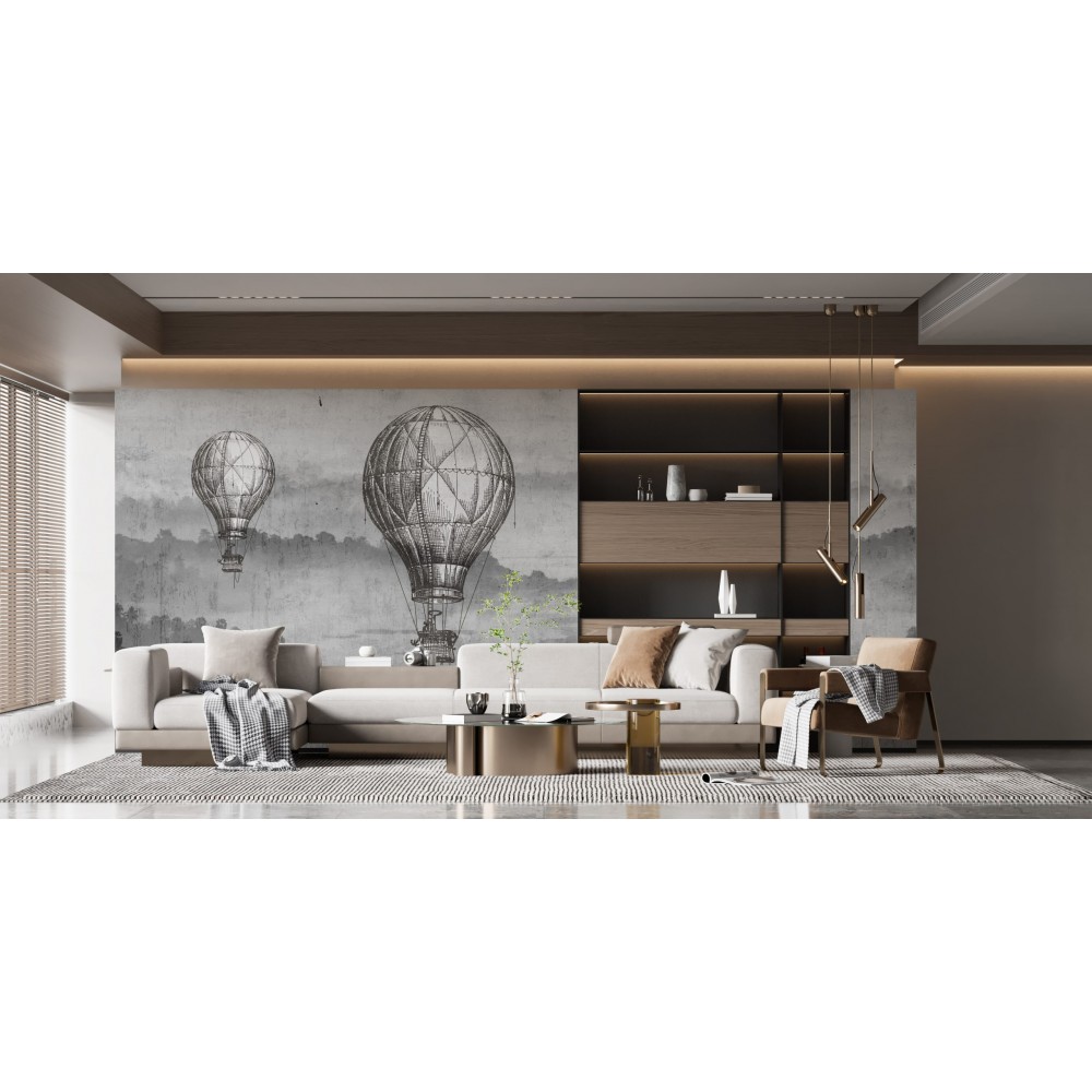 Vintage Gravür Stil Uçan Balon Desenli ve Puslu Dağ Manzaralı Duvar Kağıdı