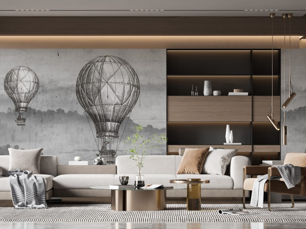 Vintage Gravür Stil Uçan Balon Desenli ve Puslu Dağ Manzaralı Duvar Kağıdı