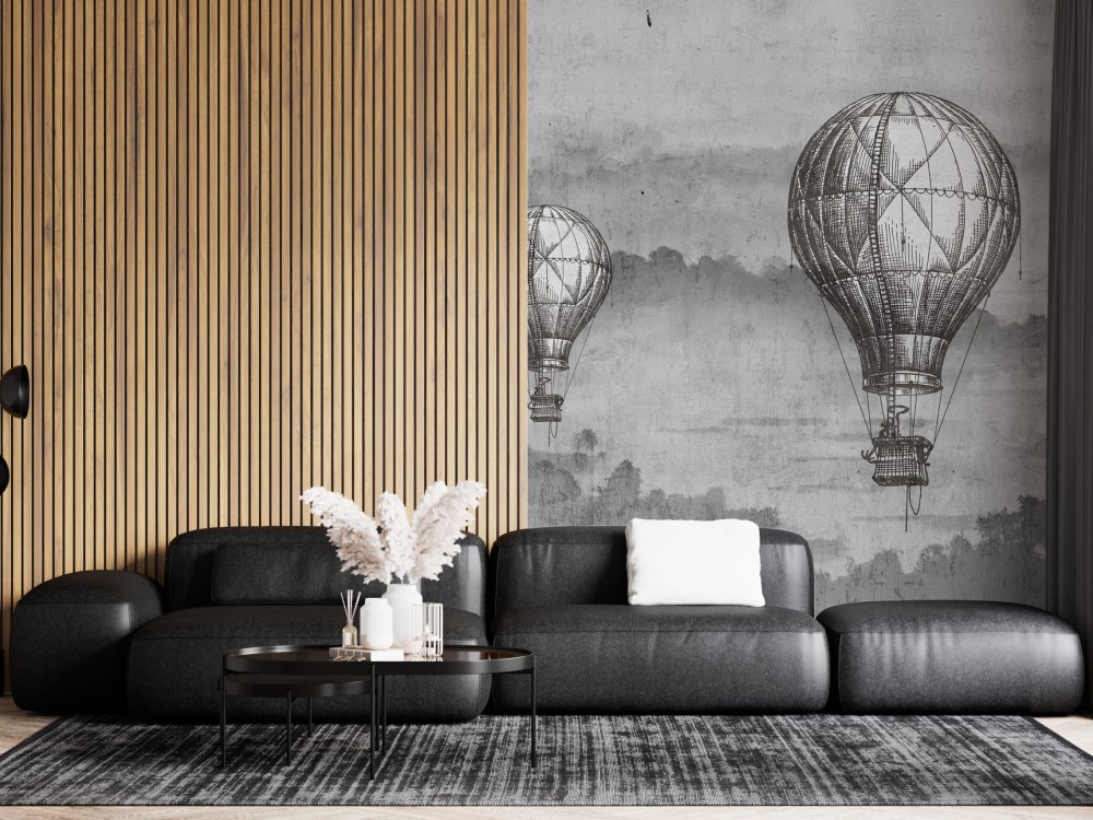 Vintage Gravür Stil Uçan Balon Desenli ve Puslu Dağ Manzaralı Duvar Kağıdı