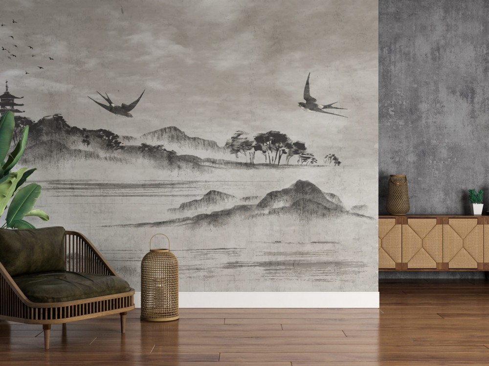 Geleneksel Japon Mürekkep Sanatı Dağlar ve Pagoda Duvar Kağıdı