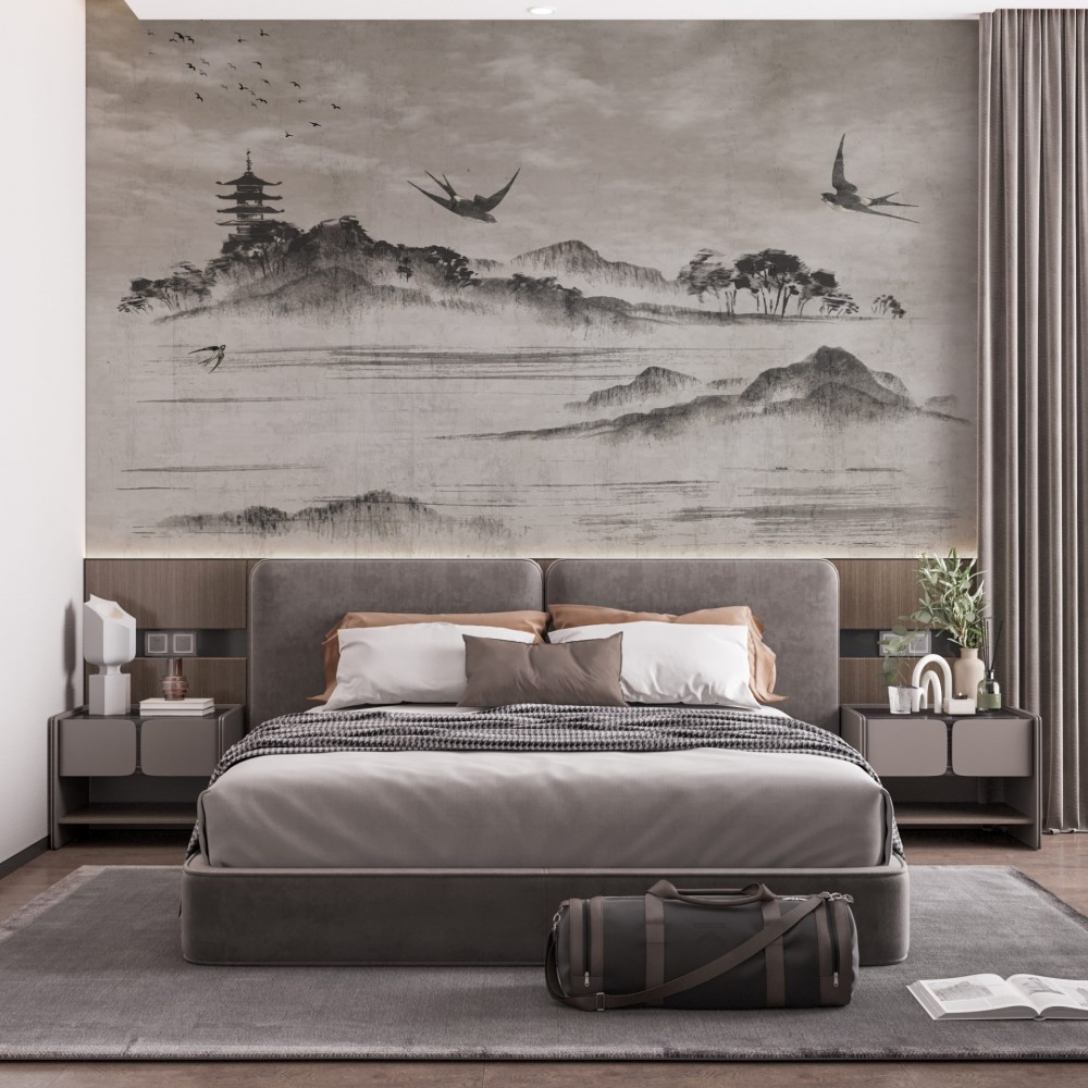 Geleneksel Japon Mürekkep Sanatı Dağlar ve Pagoda Duvar Kağıdı