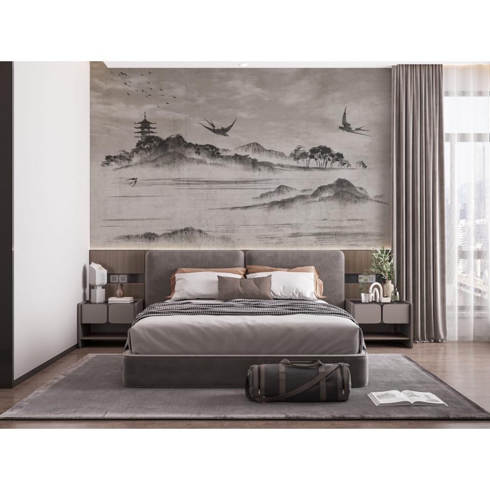 Geleneksel Japon Mürekkep Sanatı Dağlar ve Pagoda Duvar Kağıdı