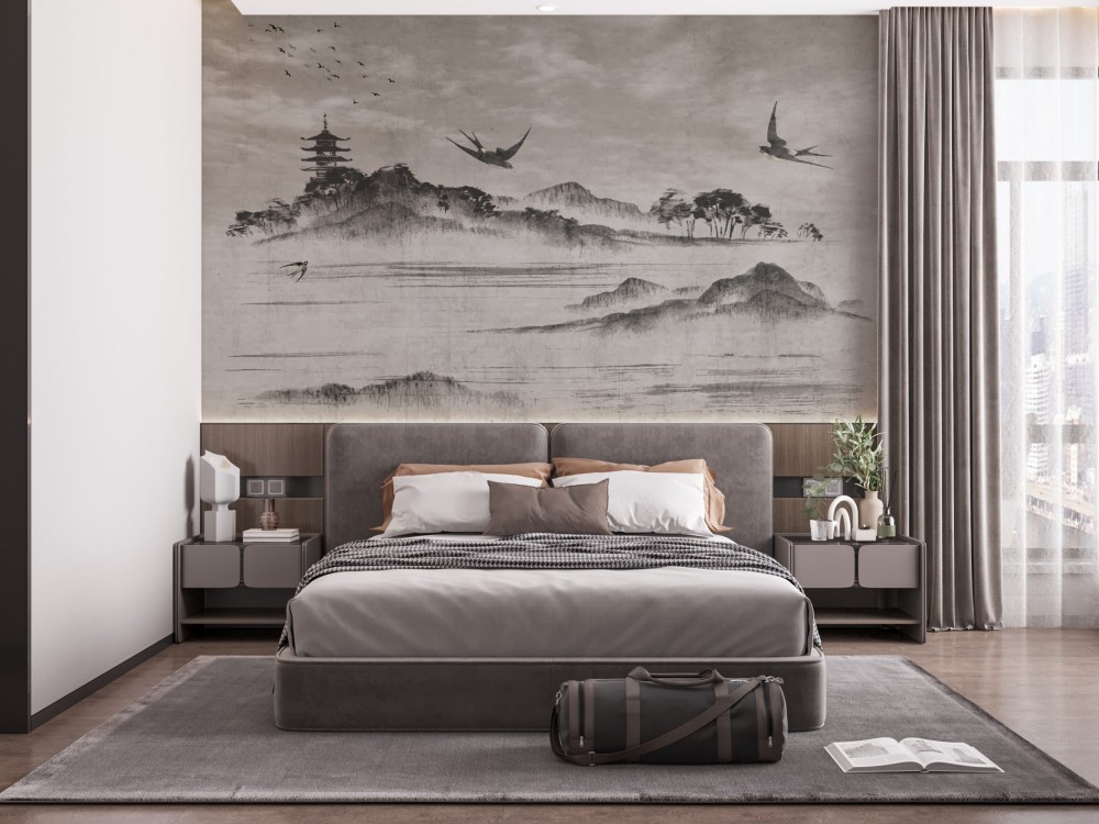 Geleneksel Japon Mürekkep Sanatı Dağlar ve Pagoda Duvar Kağıdı