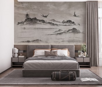 Geleneksel Japon Mürekkep Sanatı Dağlar ve Pagoda Duvar Kağıdı