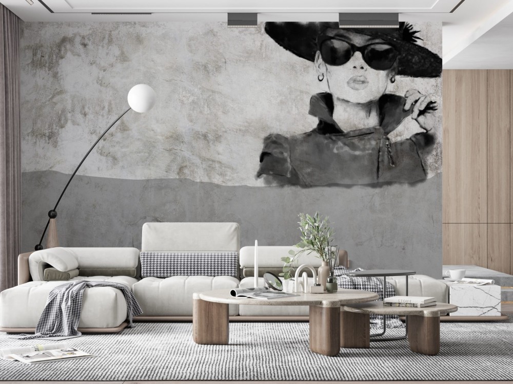 Şapkalı Kadın Figürlü Eskiz Tarzı Loft Duvar Kağıdı