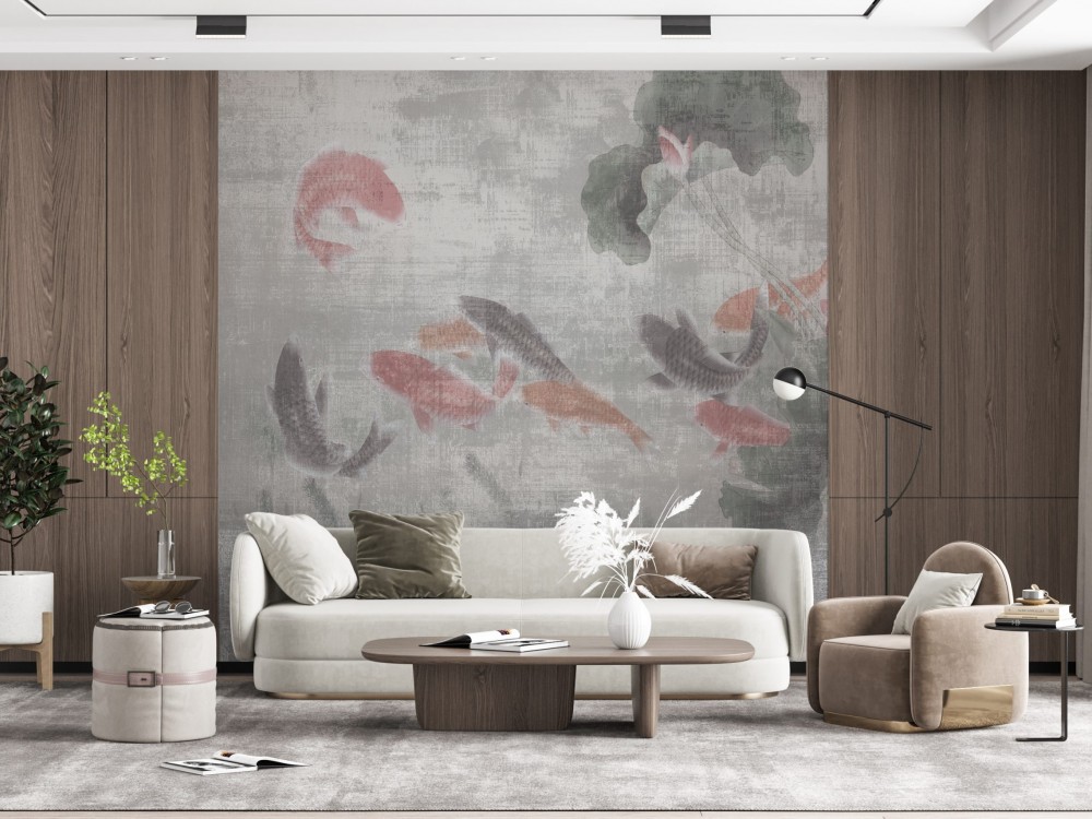 Eskitme Dokulu Japon Koi Balıkları ve Lotus Temalı Duvar Kağıdı