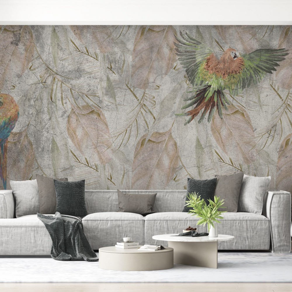 Modern Vintage Eskitme Dokulu Tropikal Papağan ve Yaprak Desenli Duvar Kağıdı