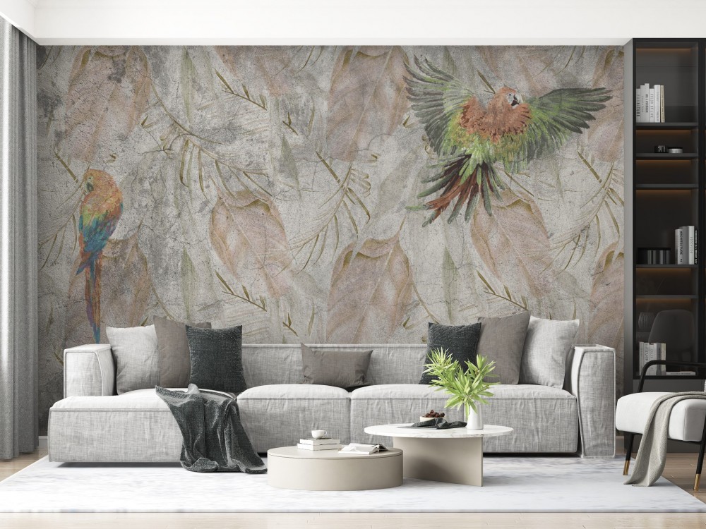 Modern Vintage Eskitme Dokulu Tropikal Papağan ve Yaprak Desenli Duvar Kağıdı