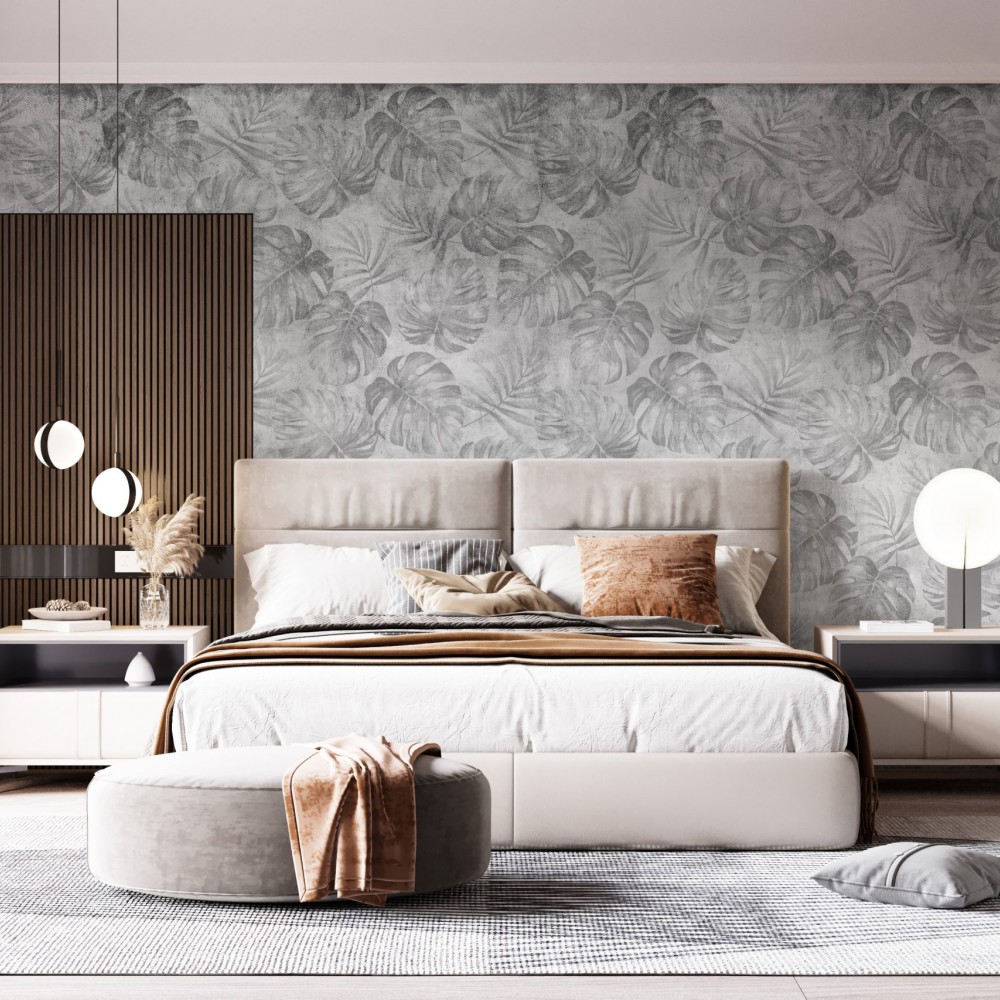 Beton Dokulu Gri Tropikal Monstera Yaprak Desenli Duvar Kağıdı
