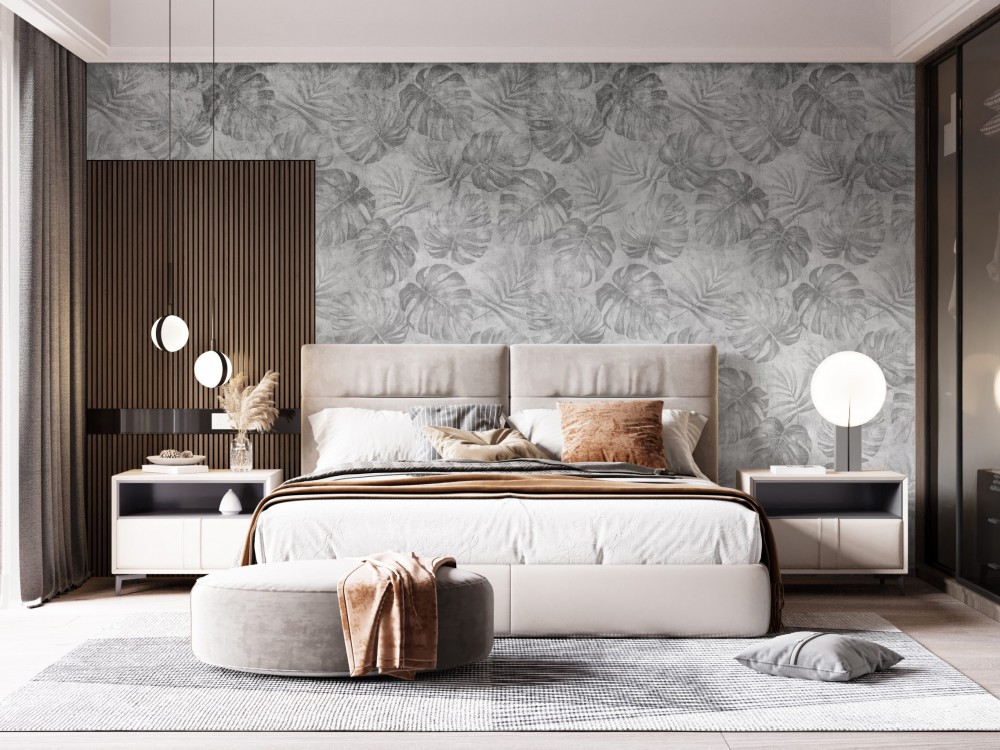 Beton Dokulu Gri Tropikal Monstera Yaprak Desenli Duvar Kağıdı