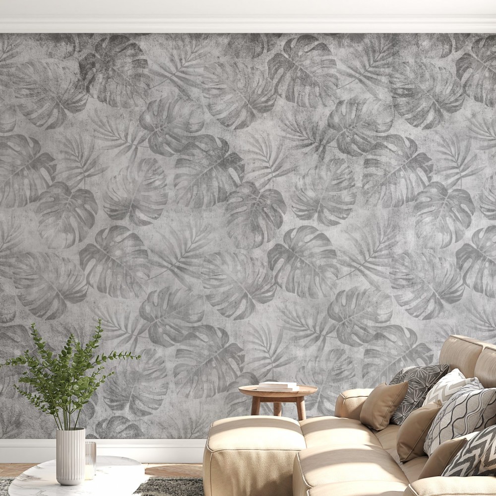 Beton Dokulu Gri Tropikal Monstera Yaprak Desenli Duvar Kağıdı