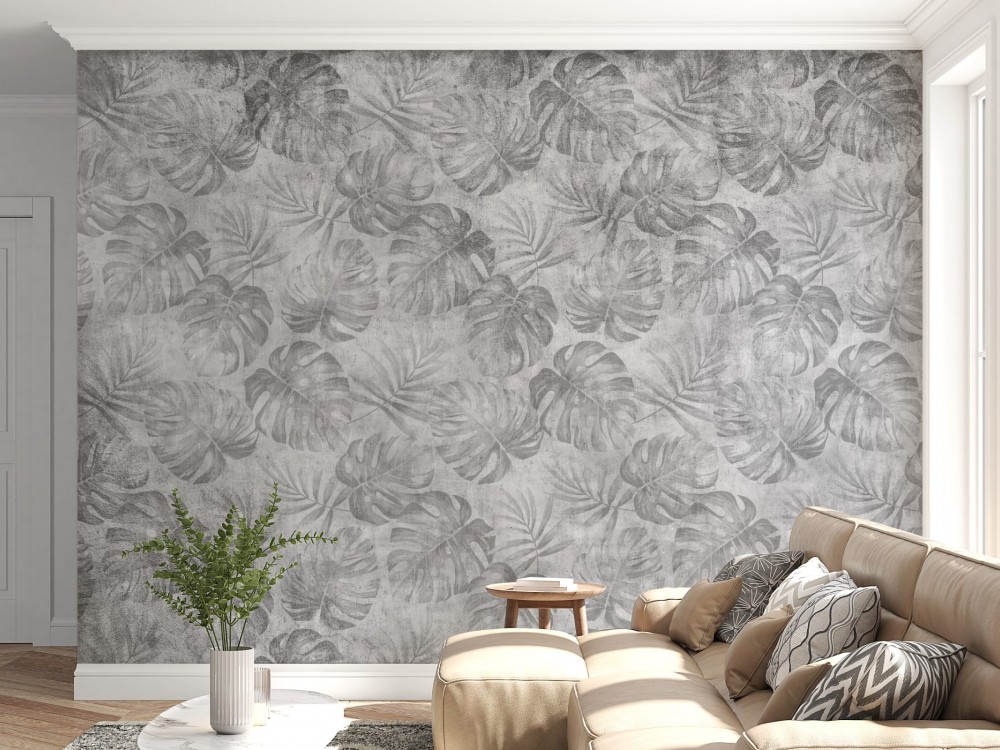 Beton Dokulu Gri Tropikal Monstera Yaprak Desenli Duvar Kağıdı