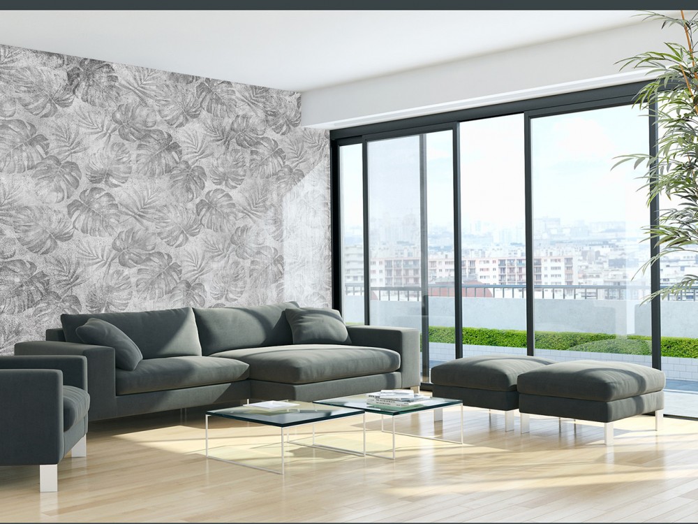 Beton Dokulu Gri Tropikal Monstera Yaprak Desenli Duvar Kağıdı