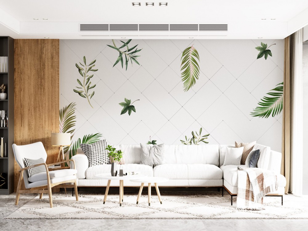 Geometrik Baklava Desenli ve Tropikal Asılı Yaprak Temalı Duvar Kağıdı