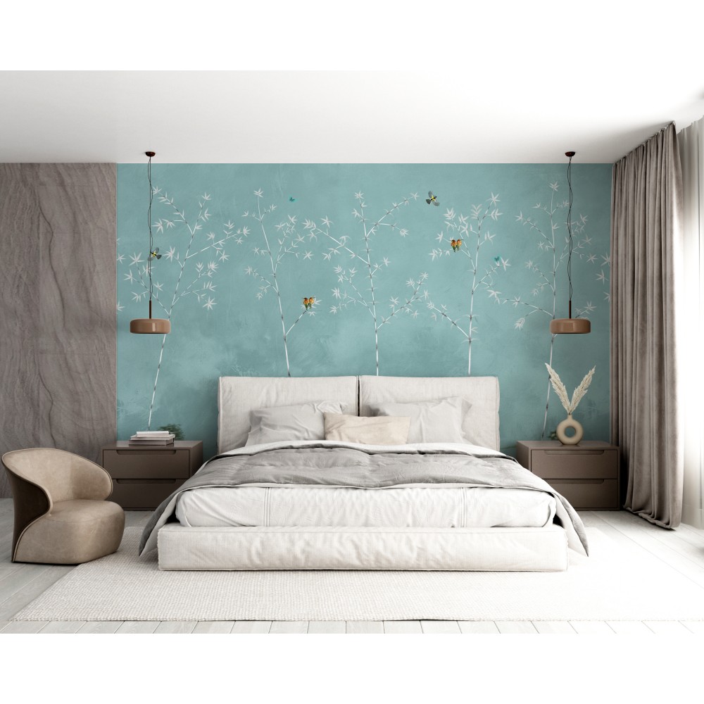 Turkuaz Zeminli Minimalist Beyaz Bambu ve Renkli Kuşlar Duvar Kağıdı