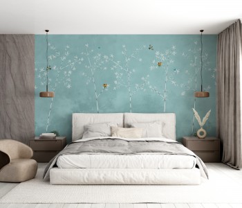 Turkuaz Zeminli Minimalist Beyaz Bambu ve Renkli Kuşlar Duvar Kağıdı