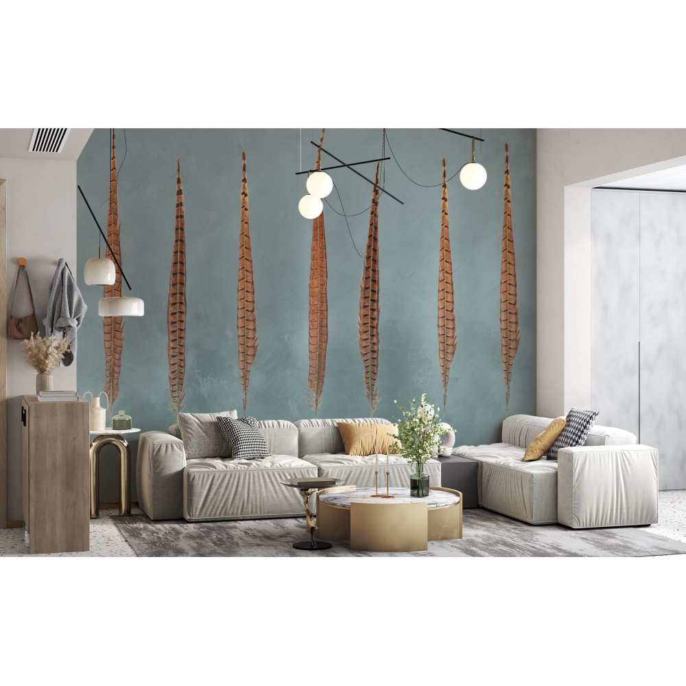 Modern Bohem Büyük Tüy Desenli ve Dokulu Turkuaz Duvar Kağıdı