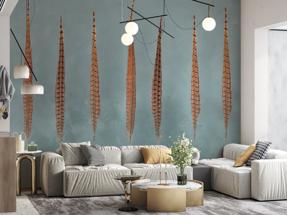 Modern Bohem Büyük Tüy Desenli ve Dokulu Turkuaz Duvar Kağıdı