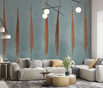 Modern Bohem Büyük Tüy Desenli ve Dokulu Turkuaz Duvar Kağıdı