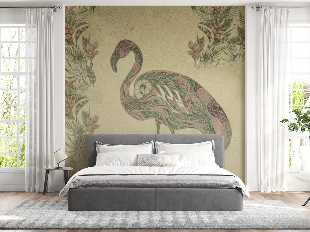 Vintage Etnik Desenli Flamingo ve Egzotik Çiçekli Duvar Kağıdı